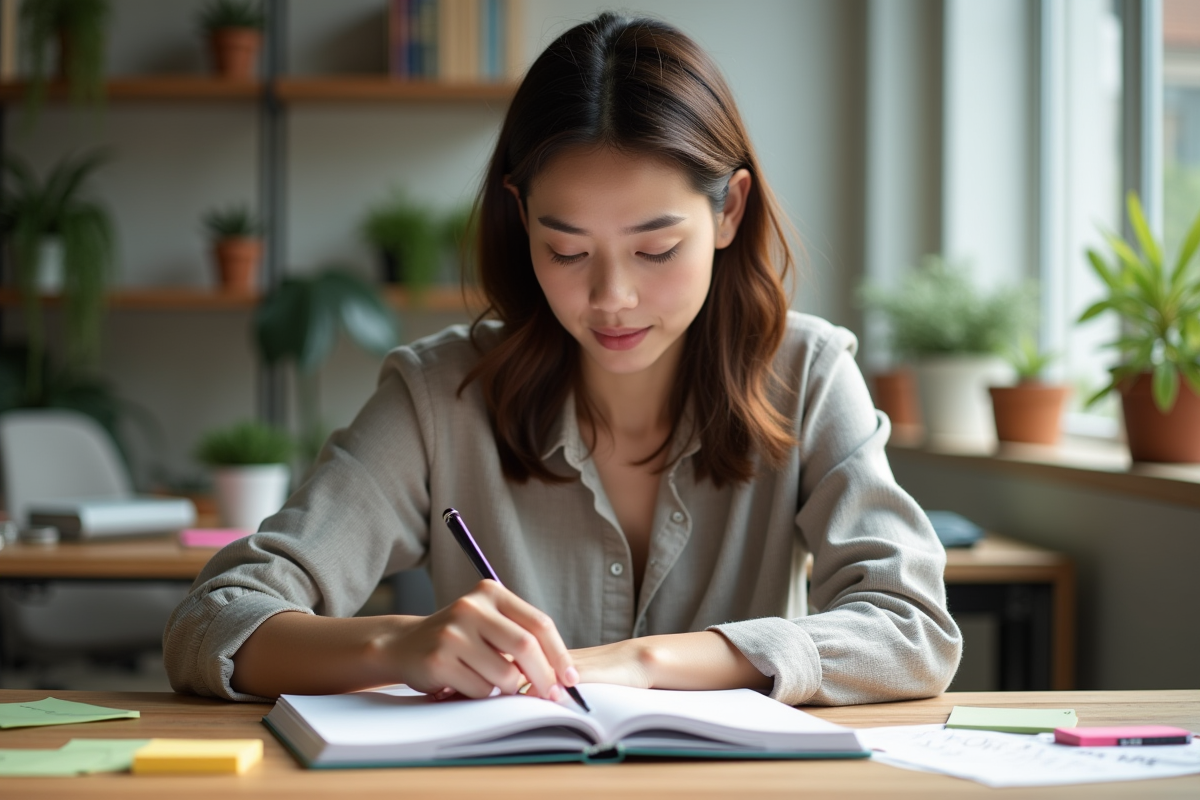 Jeune femme organisant des notes colorées sur un bureau lumineux