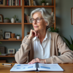 Femme d'âge moyen écrivant sur un carnet avec graphiques financiers