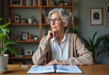 Femme d'âge moyen écrivant sur un carnet avec graphiques financiers