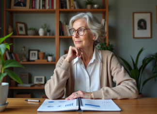 Femme d'âge moyen écrivant sur un carnet avec graphiques financiers