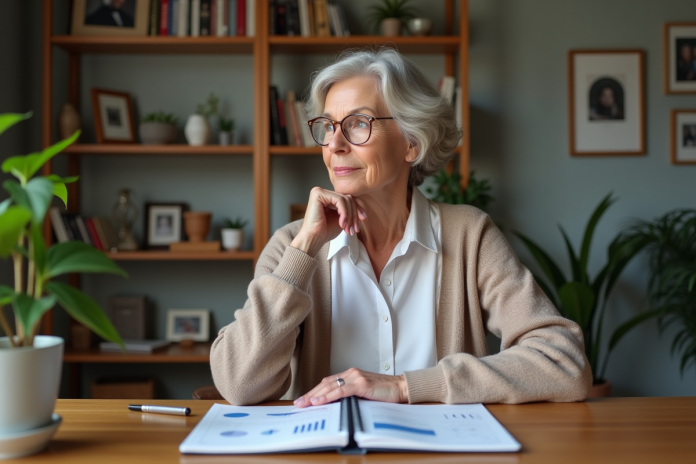 femme-penne-finance-maison Femme d'âge moyen écrivant sur un carnet avec graphiques financiers
