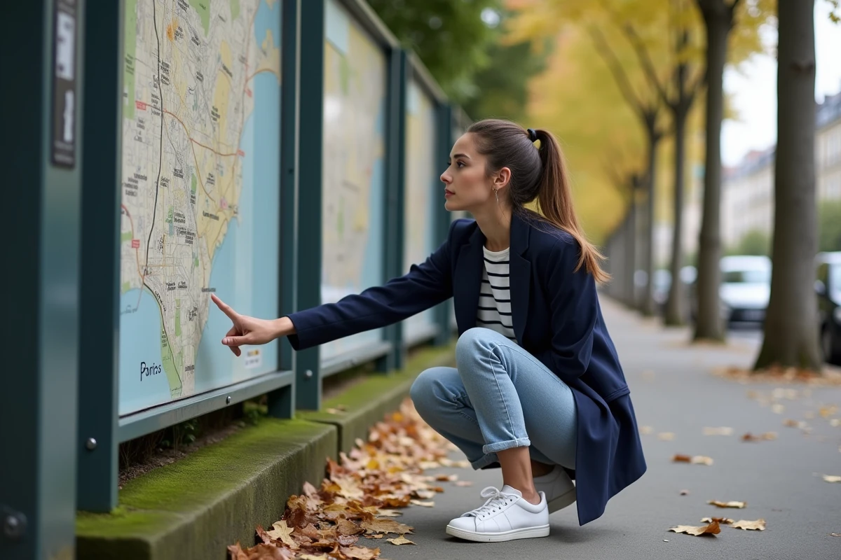 Jeune femme lisant un plan de quartier affiché dans la rue pour trouver l'impasse des Lilas