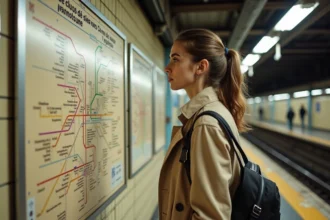 Jeune femme consultant le plan du RER Île-de-France sur un quai de gare parisienne