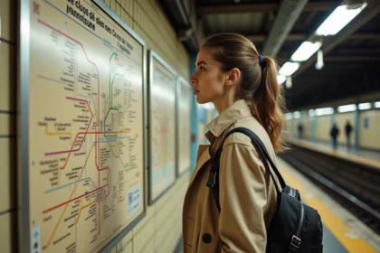 Jeune femme consultant le plan du RER Île-de-France sur un quai de gare parisienne