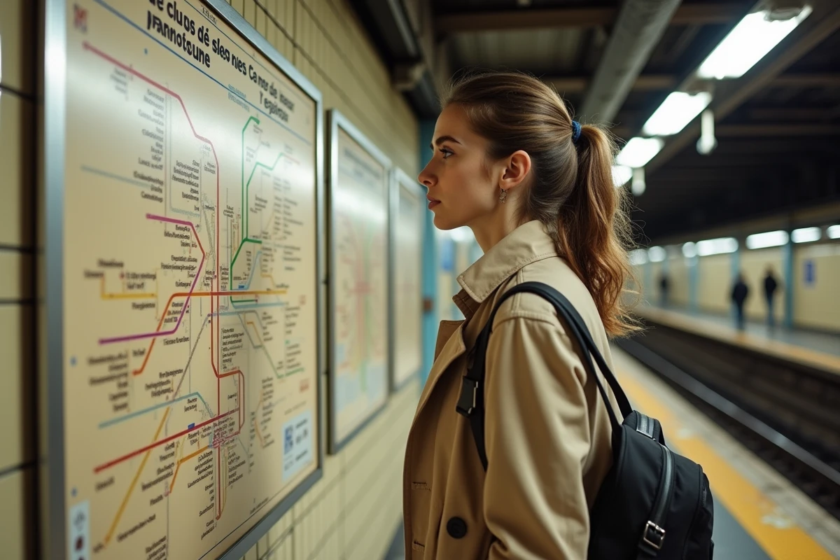 Jeune femme consultant le plan du RER Île-de-France sur un quai de gare parisienne