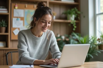 Femme utilisant un ordinateur portable pour comparer des villes idéales sur un site web depuis son bureau à domicile