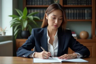 Femme professionnelle rédigeant une lettre administrative de recours à la main dans un bureau à domicile