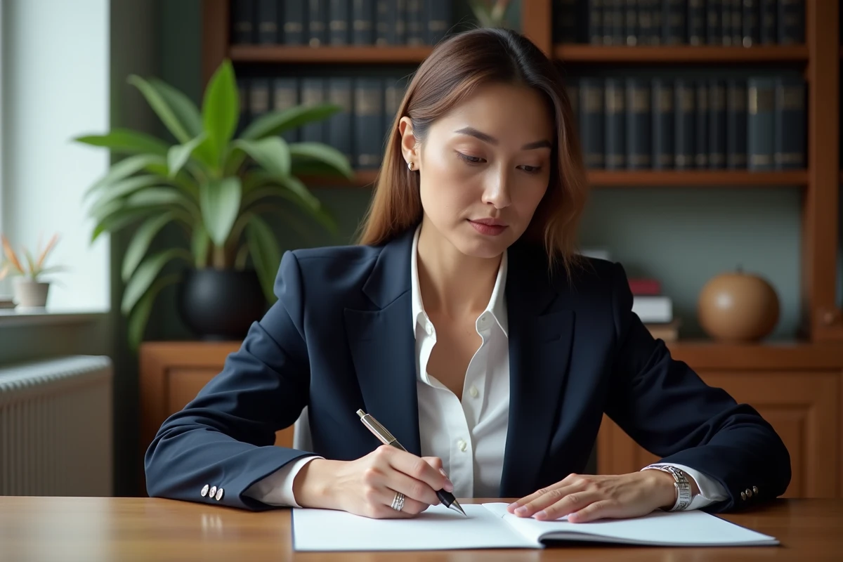 Femme professionnelle rédigeant une lettre administrative de recours à la main dans un bureau à domicile