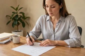 Femme rédigeant une lettre de résiliation à son bureau à domicile