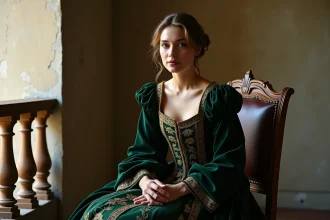 Femme en robe Renaissance vert fonce avec ornementation