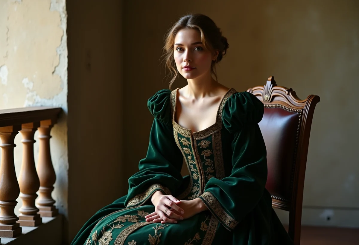 Femme en robe Renaissance vert fonce avec ornementation
