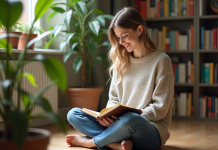 Moral au top : retrouver sa joie en solitaire ! Femme souriante assise sur le sol avec journal dans un intérieur lumineux