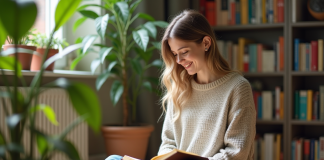 Moral au top : retrouver sa joie en solitaire ! Femme souriante assise sur le sol avec journal dans un intérieur lumineux