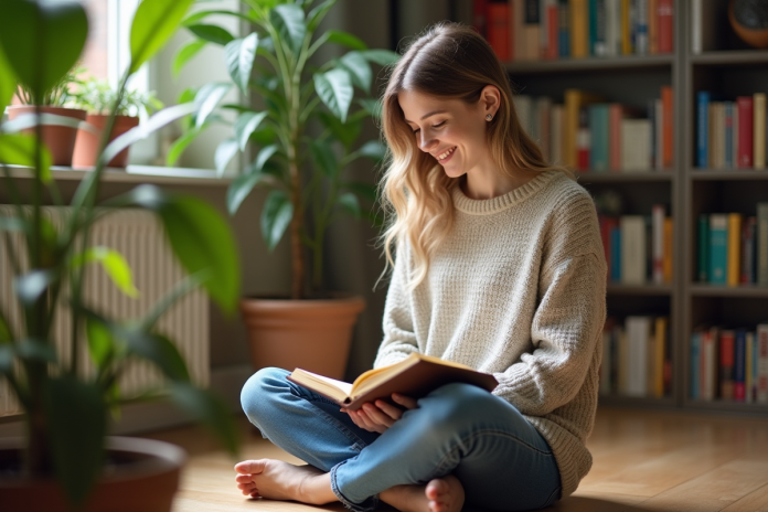 Femme souriante assise sur le sol avec journal dans un intérieur lumineux