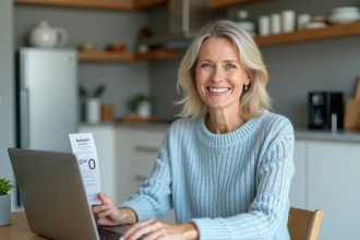 Femme souriante avec reçu Carrefour dans une cuisine moderne