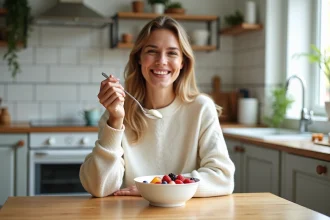 Femme souriante avec yaourt et fruits frais dans la cuisine