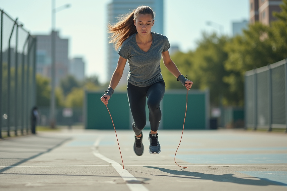 Femme en entraînement de speedskipping en extérieur