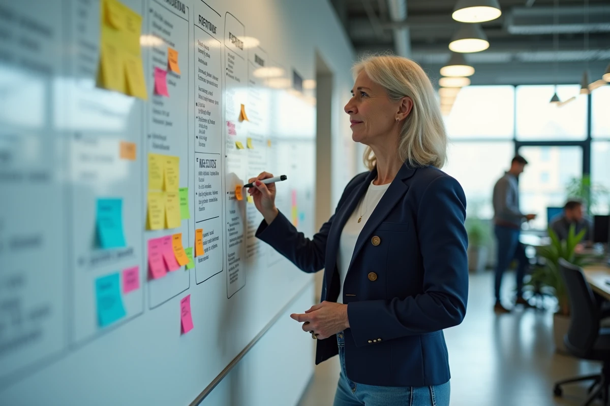 Femme réfléchie écrivant sur un tableau blanc avec schémas