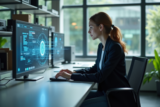 Jeune femme en blazer dans un laboratoire technologique