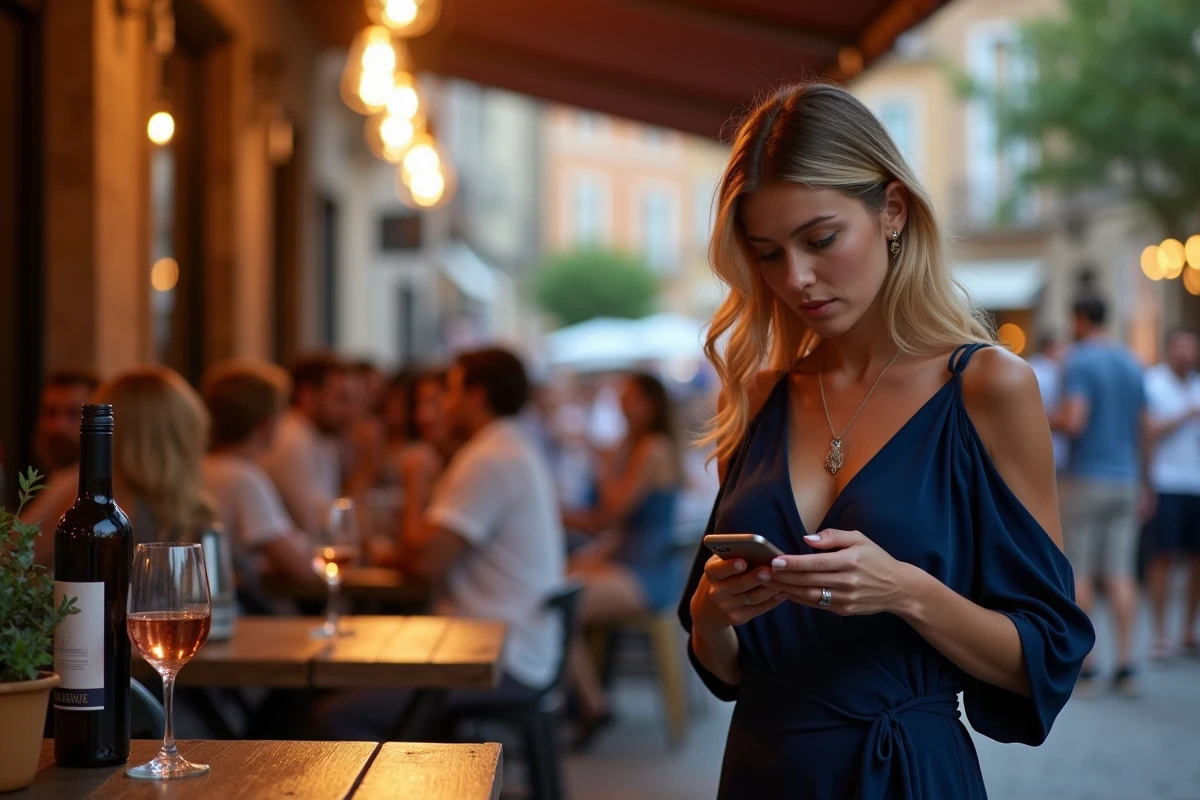 Femme seule consultant son téléphone sur une terrasse animée de Toulouse lors d'une nocturne estivale
