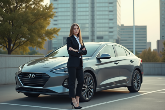 Jeune femme professionnelle avec voiture hybride en ville