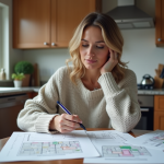 Femme concentrée à la cuisine avec documents d'urbanisme