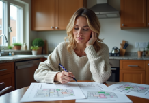 Femme concentrée à la cuisine avec documents d'urbanisme
