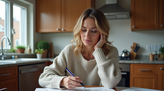 Femme concentrée à la cuisine avec documents d'urbanisme