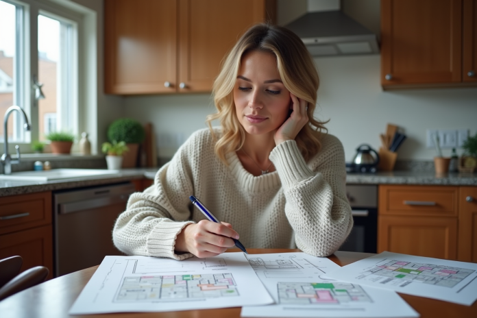 Femme concentrée à la cuisine avec documents d'urbanisme