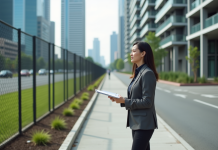 Femme d'affaires examine un terrain vacant en ville