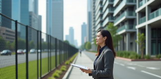 Femme d'affaires examine un terrain vacant en ville