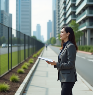 Femme d'affaires examine un terrain vacant en ville