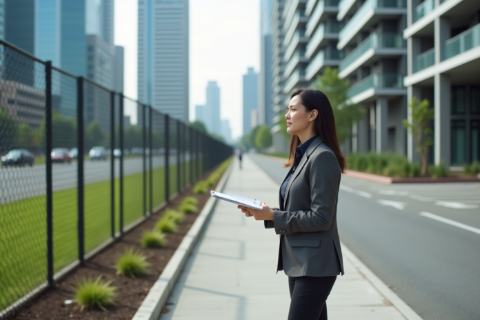 femme-urbaniste-vue-urbanisme Femme d'affaires examine un terrain vacant en ville
