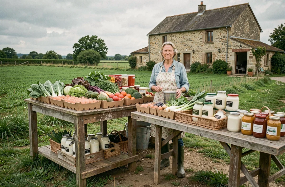 Stand de vente directe à la Ferme des Beurreries avec légumes frais et produits fermiers