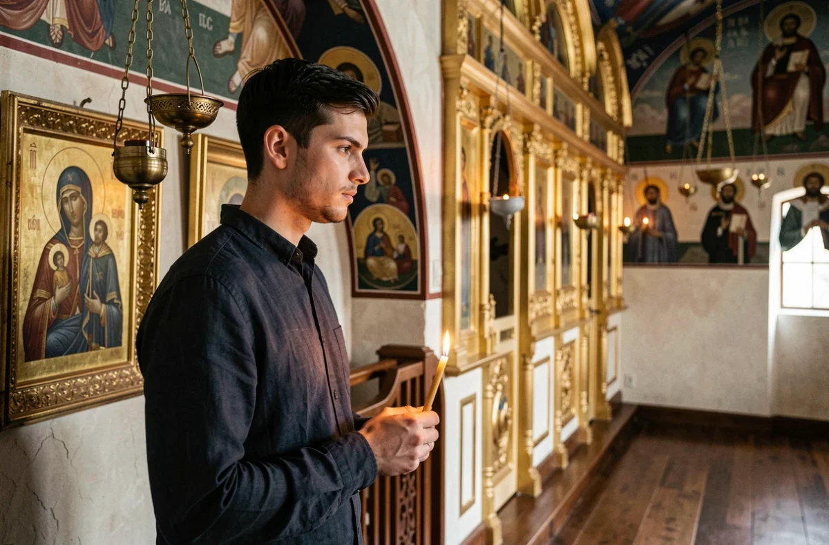 Jeune fidèle orthodoxe devant un iconostase dans une église orthodoxe à Marseille