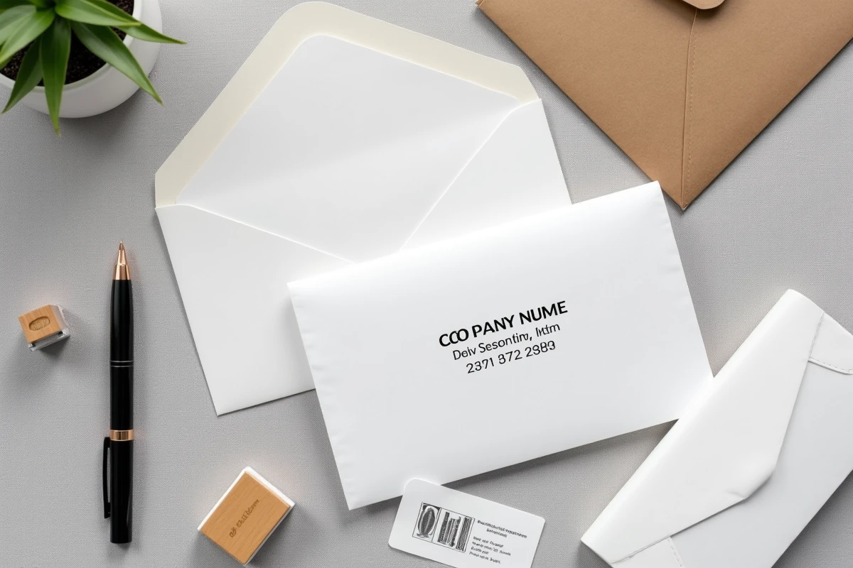 Vue de dessus d'enveloppes professionnelles avec adresses imprimées et fournitures de courrier d'entreprise sur bureau en lin