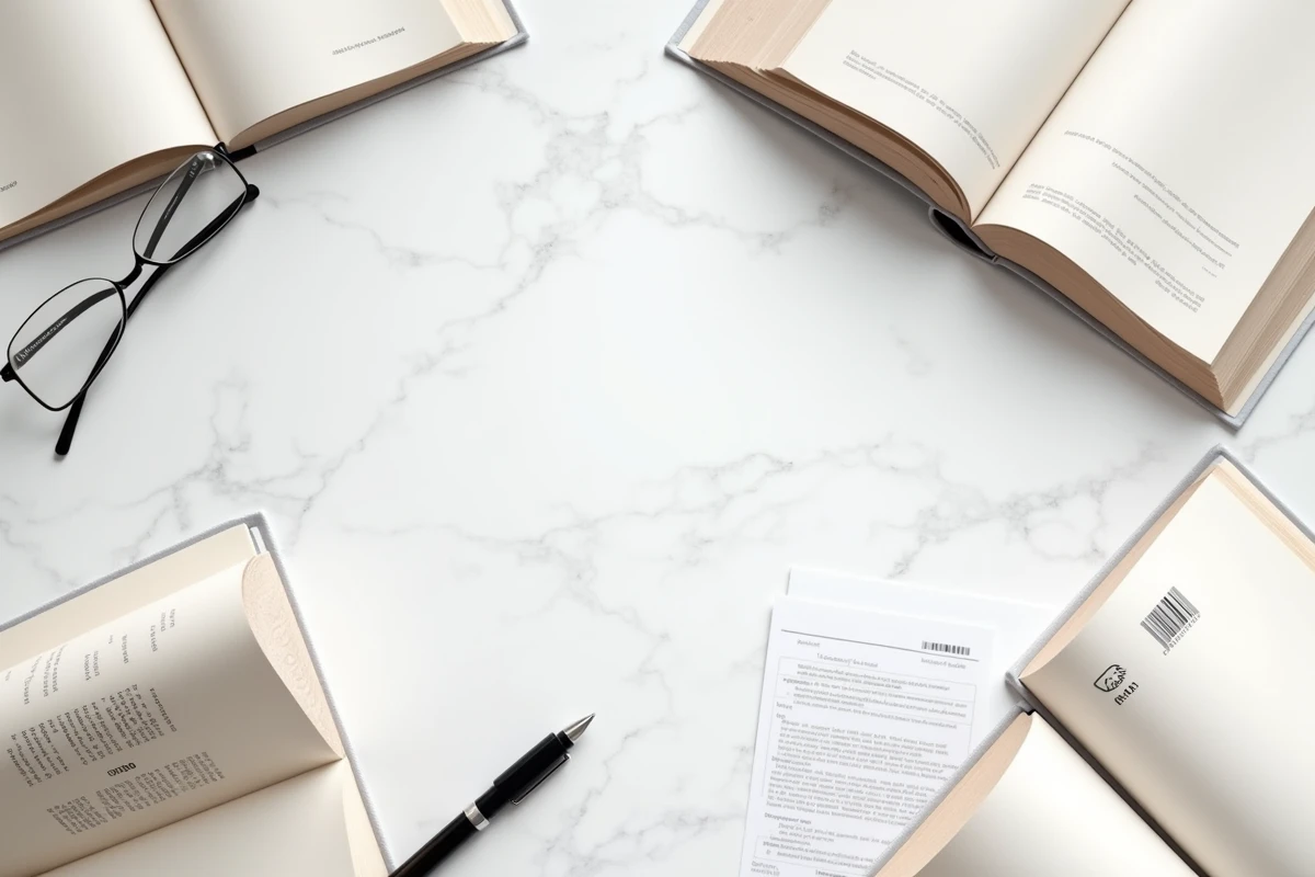 Vue de dessus d'une sélection de livres présentant leurs codes-barres EAN et numéros ISBN sur une surface en marbre blanc
