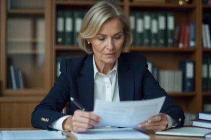 Fonctionnaire hors classe examinant des documents de grille salariale à son bureau administratif