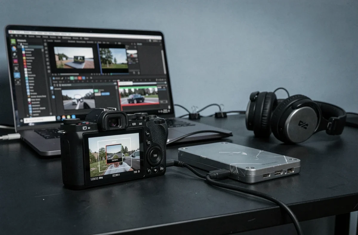 Écran du Fujifilm X-T20 affichant une vidéo sur un bureau de montage avec logiciel d'édition et SSD externe
