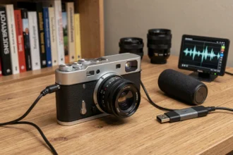 Fujifilm X-T20 posé sur un bureau avec microphone externe et moniteur vidéo, setup créatif pour la vidéo