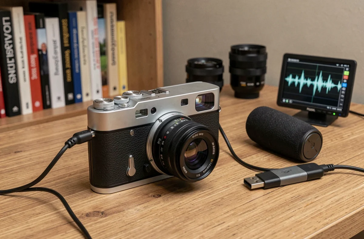 Fujifilm X-T20 posé sur un bureau avec microphone externe et moniteur vidéo, setup créatif pour la vidéo