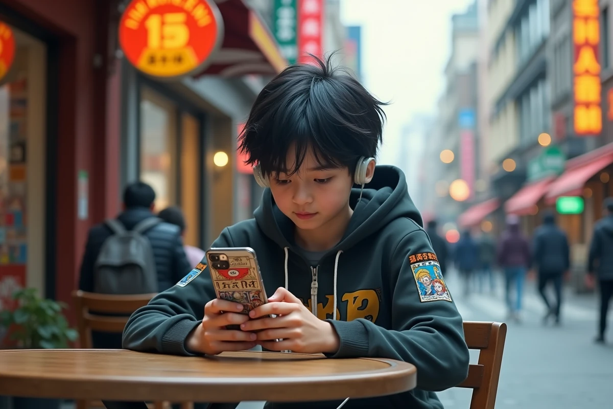 Adolescent lisant manga dans un café urbain