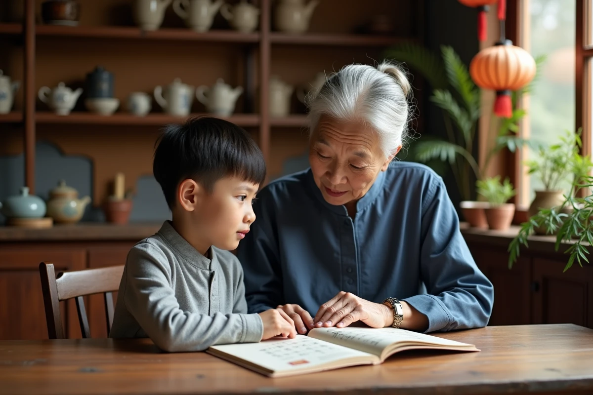 Grand-mère chinoise lisant des proverbes de sagesse à son petit-fils dans un intérieur traditionnel chaleureux