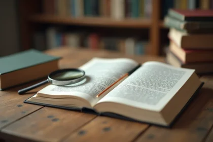 Gros plan sur le code-barres EAN et le numéro ISBN au dos d'un livre posé sur un bureau en bois