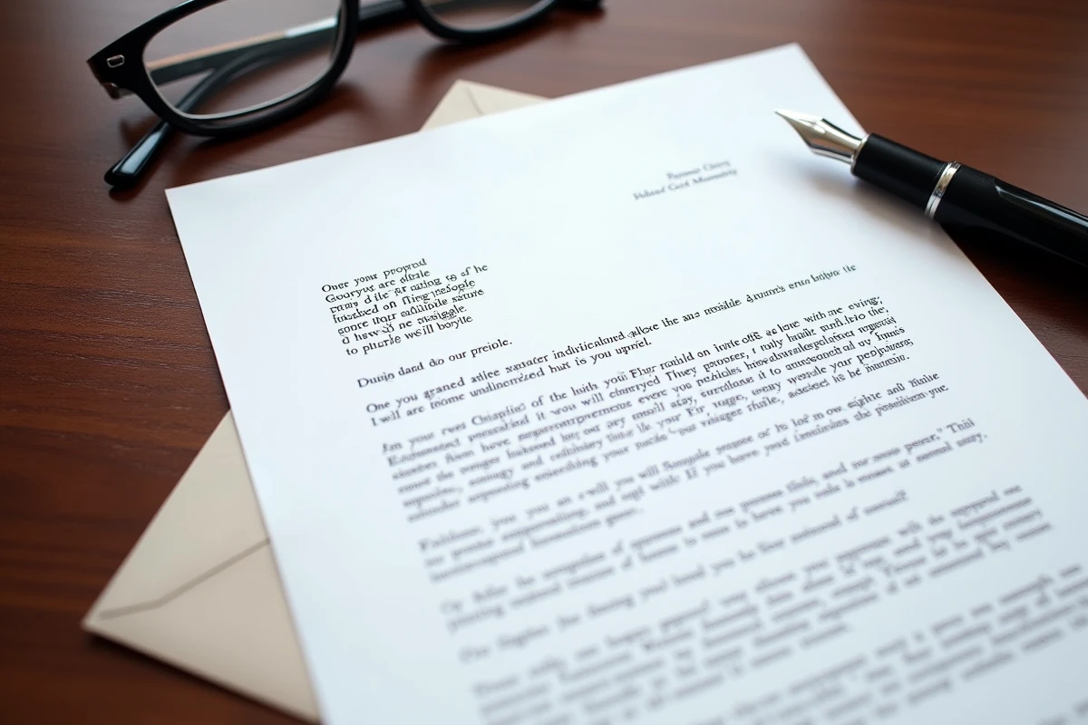 Gros plan d'une lettre administrative de recours avec formules de politesse posée sur un bureau en bois avec stylo plume
