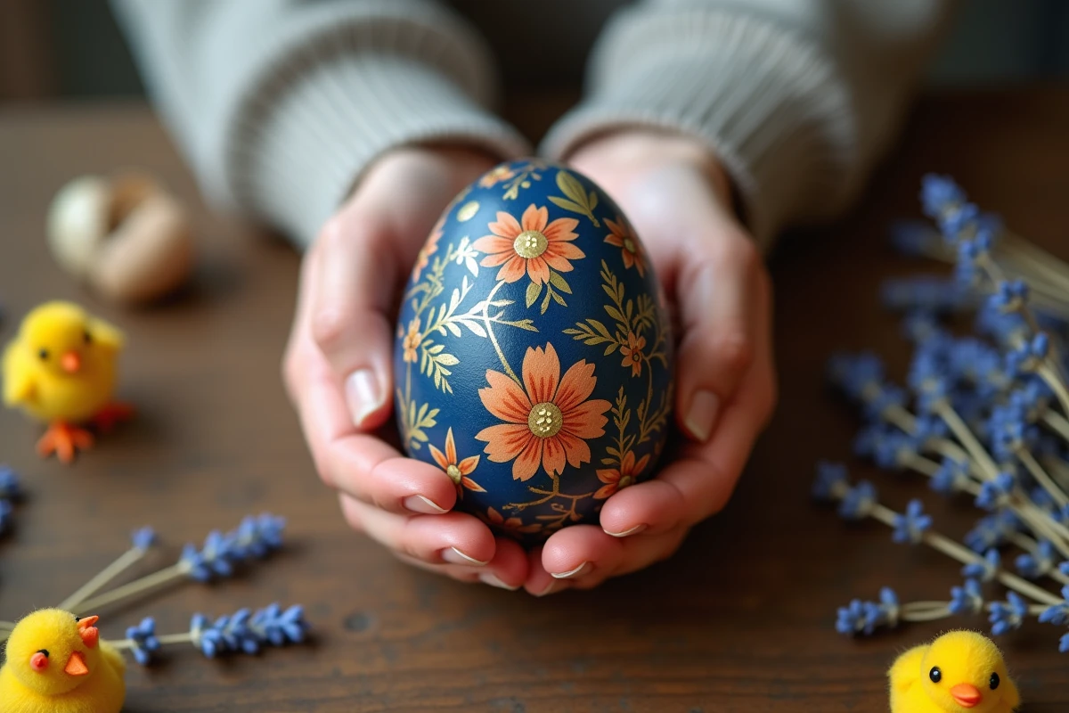 Gros plan sur des mains tenant un œuf de Pâques peint à la main avec des motifs floraux dorés et bleus