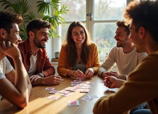 Groupe d'amis jouant aux cartes dans un salon lumineux