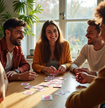 Groupe d'amis jouant aux cartes dans un salon lumineux
