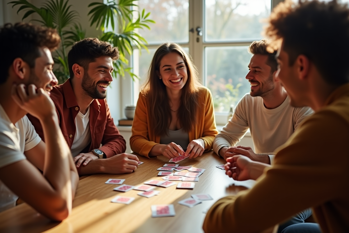 Groupe d'amis jouant aux cartes dans un salon lumineux
