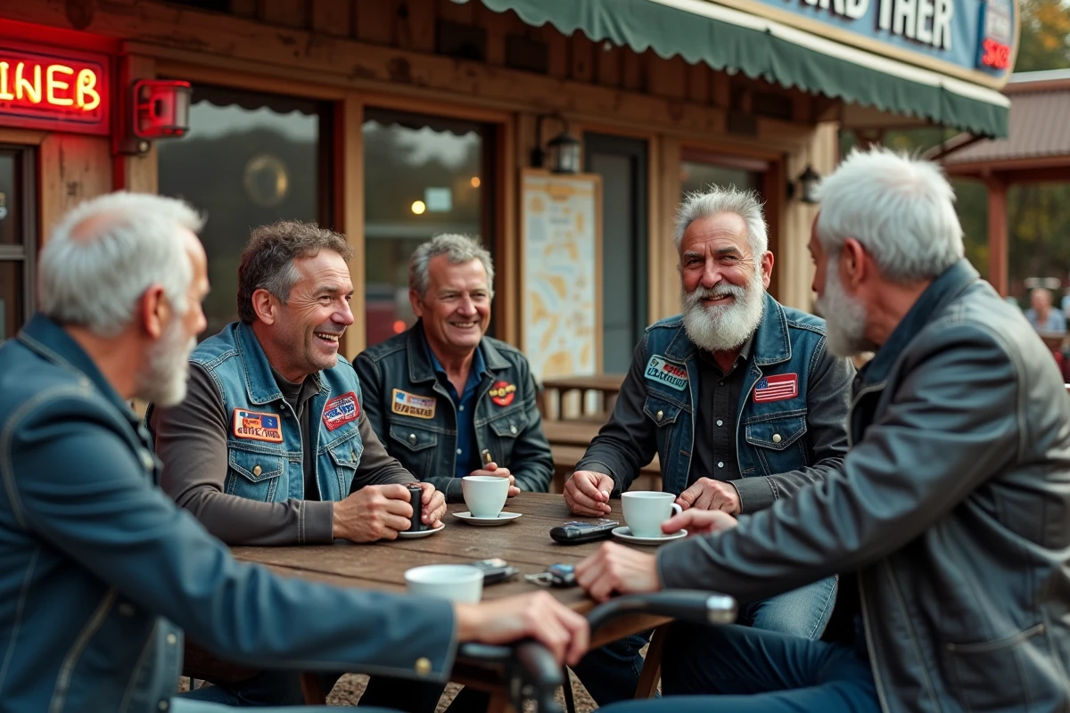 Groupe de bikers réunis devant un diner américain, partageant des histoires et du café autour de leurs motos